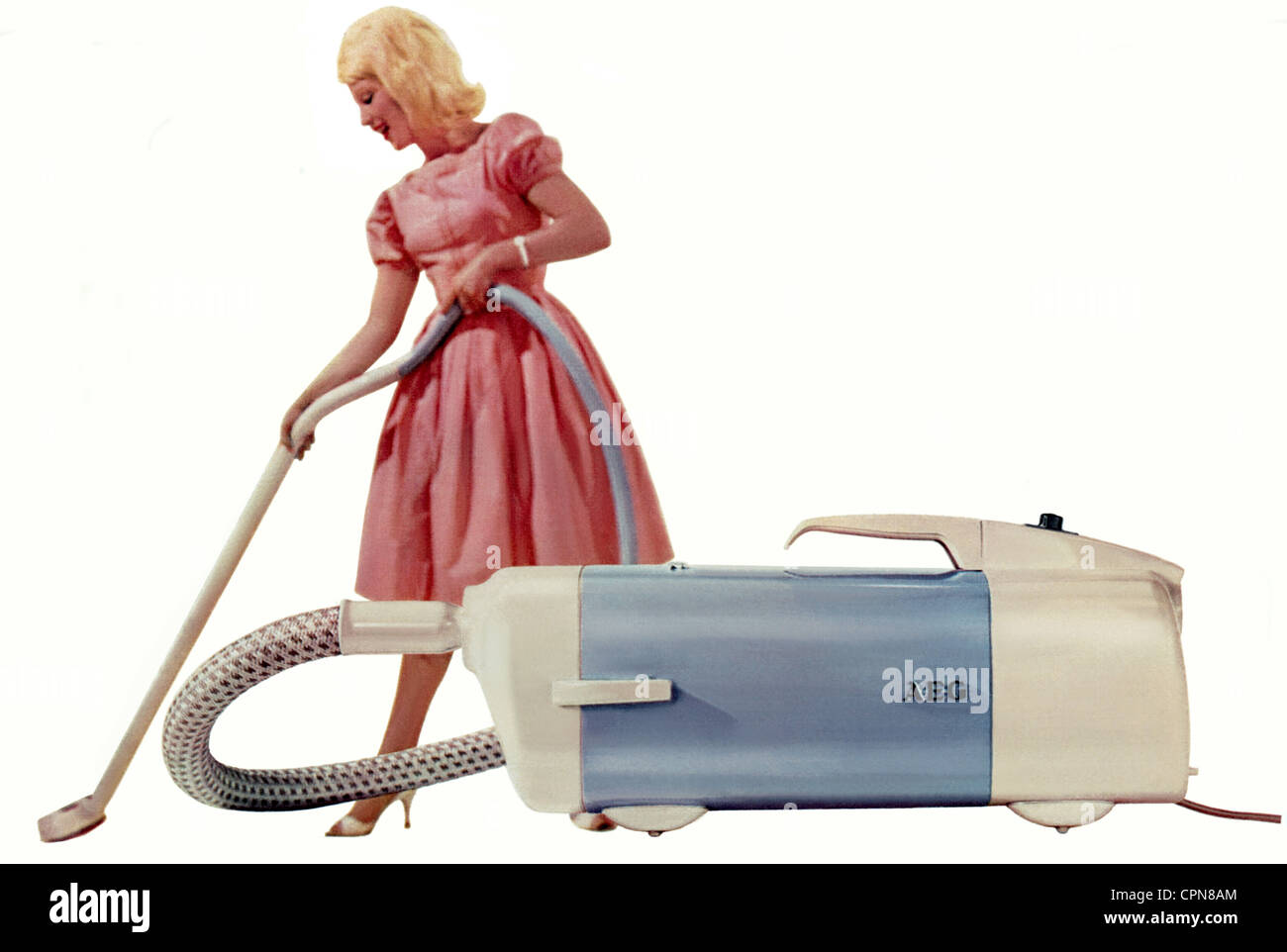 household, household appliance, housewife with vacuum cleaner, advertising for AEG vacuum cleaner Vampyr, retail price 1957: 208 DM, Germany, 1957, Additional-Rights-Clearences-Not Available Stock Photo