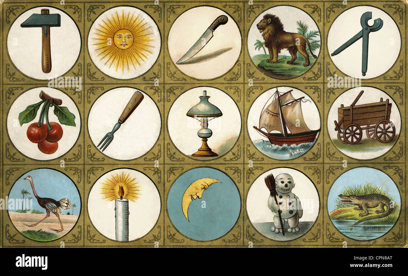 game, board game, image lottery, matching image cards must be placed on the tableau, Germany, circa 1890, Additional-Rights-Clearences-Not Available Stock Photo