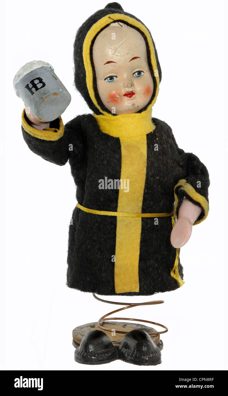 tourism, souvenirs, Munich Kindl, doll, souvenir of the Hofbrauhaus, mechanics with defect coil spring, Munich, Germany, circa 1929, Additional-Rights-Clearences-Not Available Stock Photo