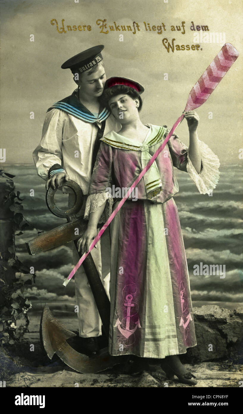 kitsch, seaman with his bride, slogan 'Unsere Zukunft liegt auf dem Wasser', picture postcard, Germany, circa 1915, , Additional-Rights-Clearences-Not Available Stock Photo