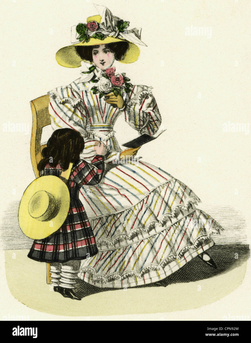 fashion, ladies' fashion, Biedermeier, woman with child, lithograph in Viennese magazine from July 1827, Austria, 1827, mother, mothers, daughter, daughters, child, children, kid, kids, chair, chairs, sitting, sit, hat, hats, with flower arrangements, wide skirt, striped, stripe, stripes, quilling, quillings, narrow-waisted, wasp waist, wasp waists, rose, roses, polite society, beauty, fashion illustration, 19th century, summer fashion, summer dress, summer dresses, woman, women, historic, historical, people, female, Additional-Rights-Clearences-Not Available Stock Photo