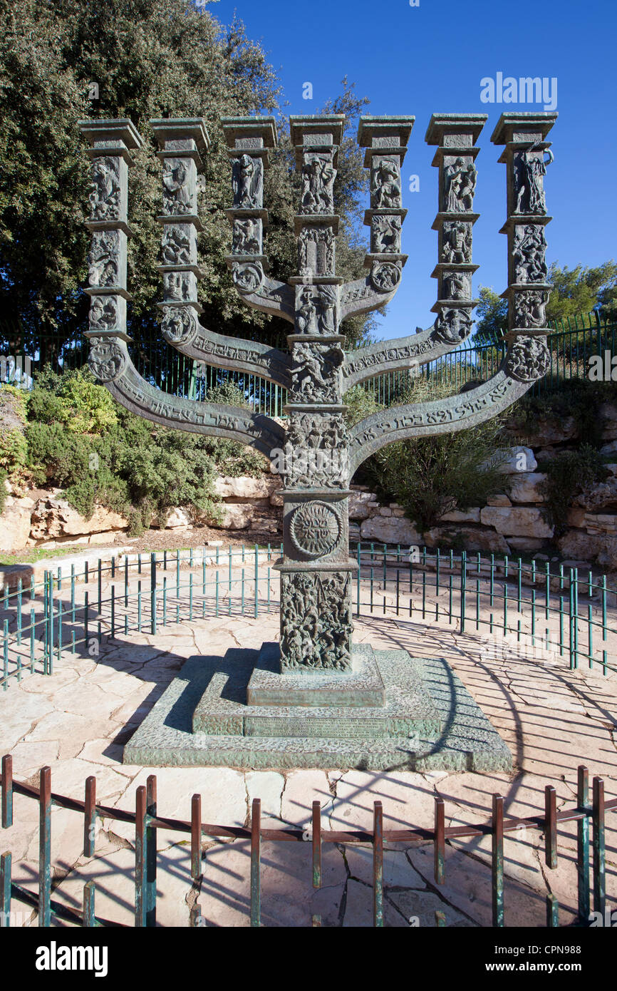 Israel, Jerusalem, The Menorah sculpture by Benno Elkan at the entrance to the Knesset, the Israeli Parliament Stock Photo