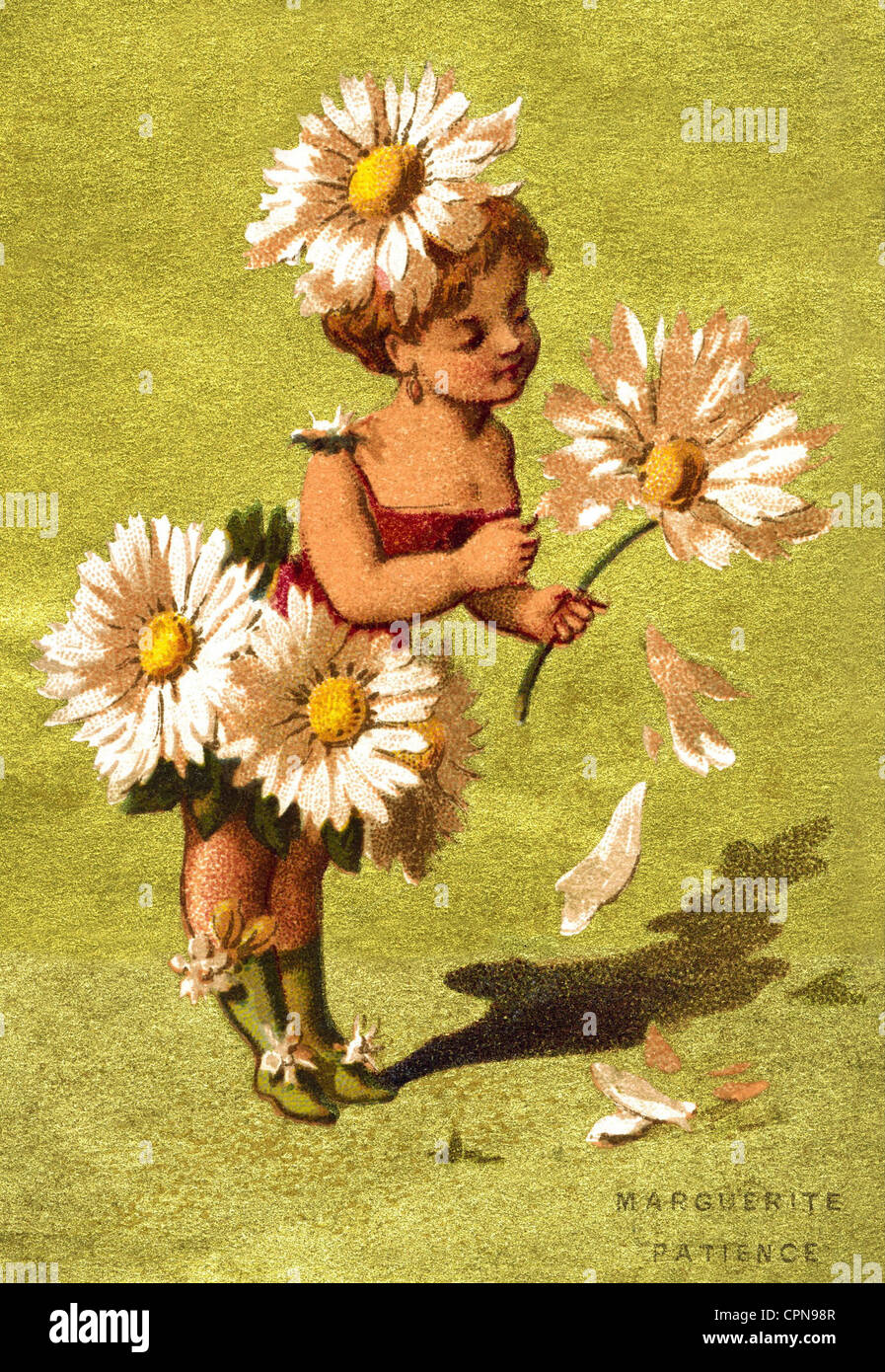 allegories, little girl in the guise of a flower, hair and skirt decorated with marguerites, counting rhyme: he loves me, he loves me not, France, circa 1895, Additional-Rights-Clearences-Not Available Stock Photo