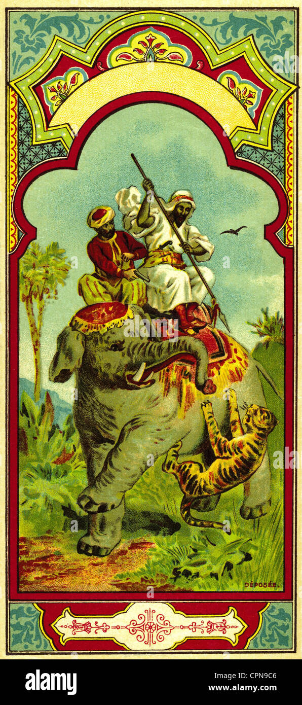 hunt, tiger hunt, hunter is riding on elephant, package insert for a fez, Austria, circa 1912, Additional-Rights-Clearences-Not Available Stock Photo