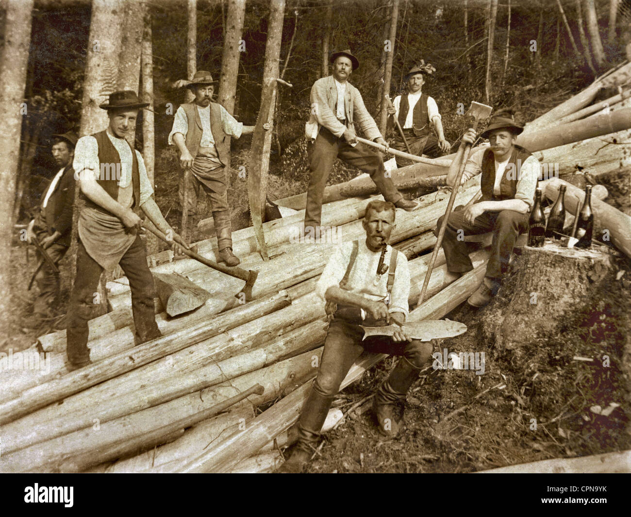 agriculture, forest, lumberman, group picture, Bavaria, Germany, circa 1910, Additional-Rights-Clearences-Not Available Stock Photo