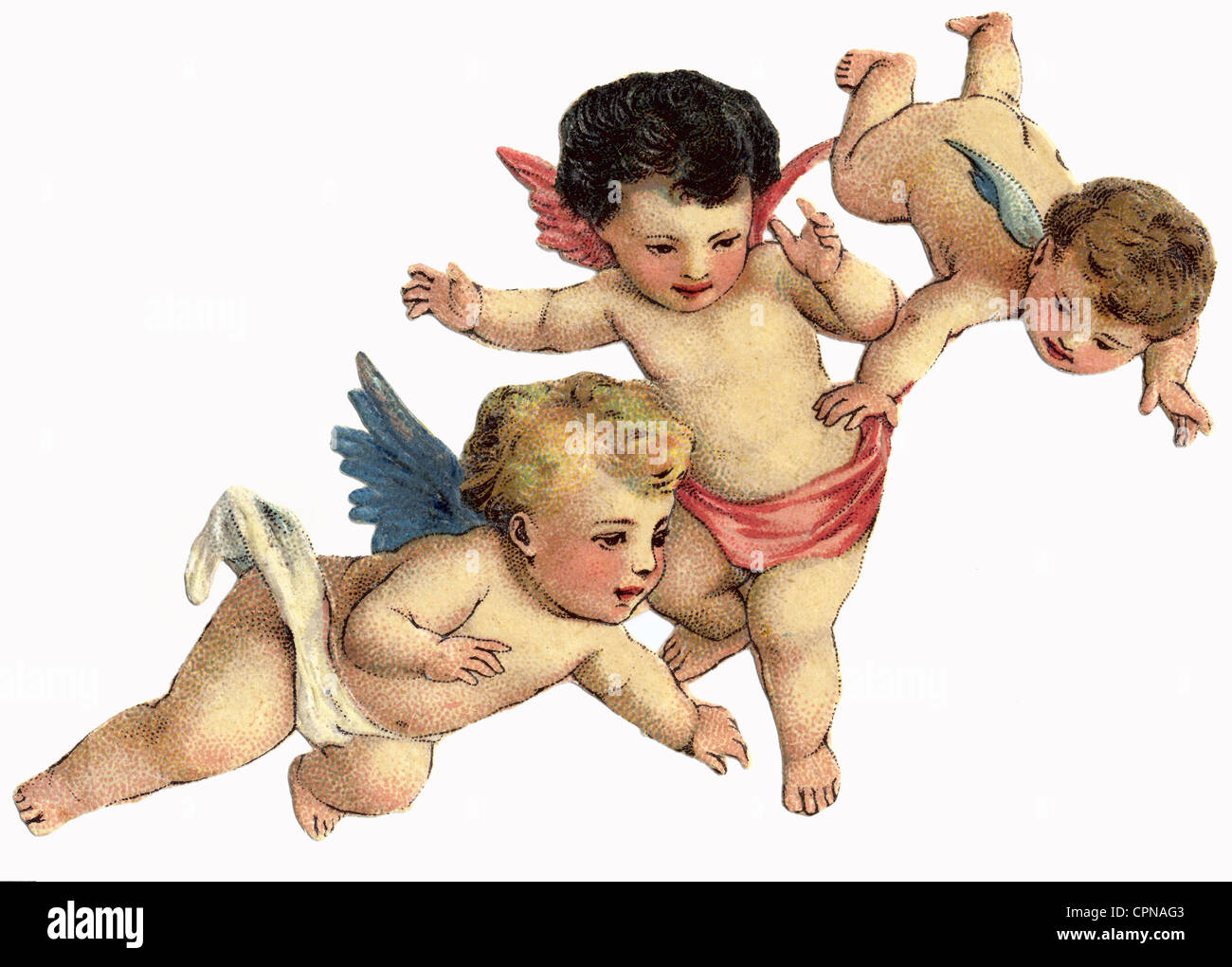 kitsch, three flying little angel, scrap-picture, lithograph, Germany, circa 1900, putt, putto, cherub, angels, flying, three, 3, scrap picture, scrap pictures, glossy prints, scrap-picture, scraps, chromos, scrap-pictures, cute, cuter, cutest, lithograph, lithographing, clipping, cut out, cut-out, cut-outs, still, little angel, angelet, floating, baby, babies, children, child, kids, kid, infant, infants, historic, historical, 20th century, nostalgia, 1900s, Additional-Rights-Clearences-Not Available Stock Photo