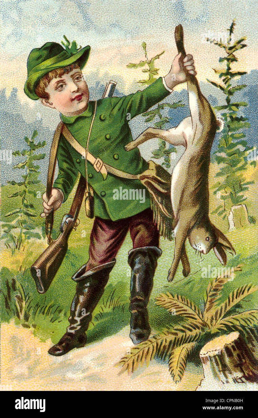 hunt, hunter with shoot rabbit, Germany, circa 1880, Additional-Rights-Clearences-Not Available Stock Photo
