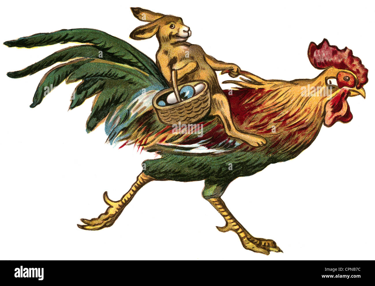 Easter, easterbunny riding on a chicken, lithograph, Germany, circa