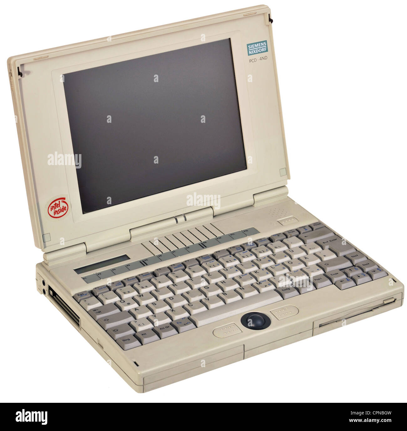 computing / electronics, notebook, laptop, Siemens Nixdorf, version PCD-4ND, processor Intel 80486 CPU, Intel inside, 75 megahertz, operating system Windows 98, working memory 20 MB, hard disk 500 MB, Germany, circa 1995, Additional-Rights-Clearences-Not Available Stock Photo
