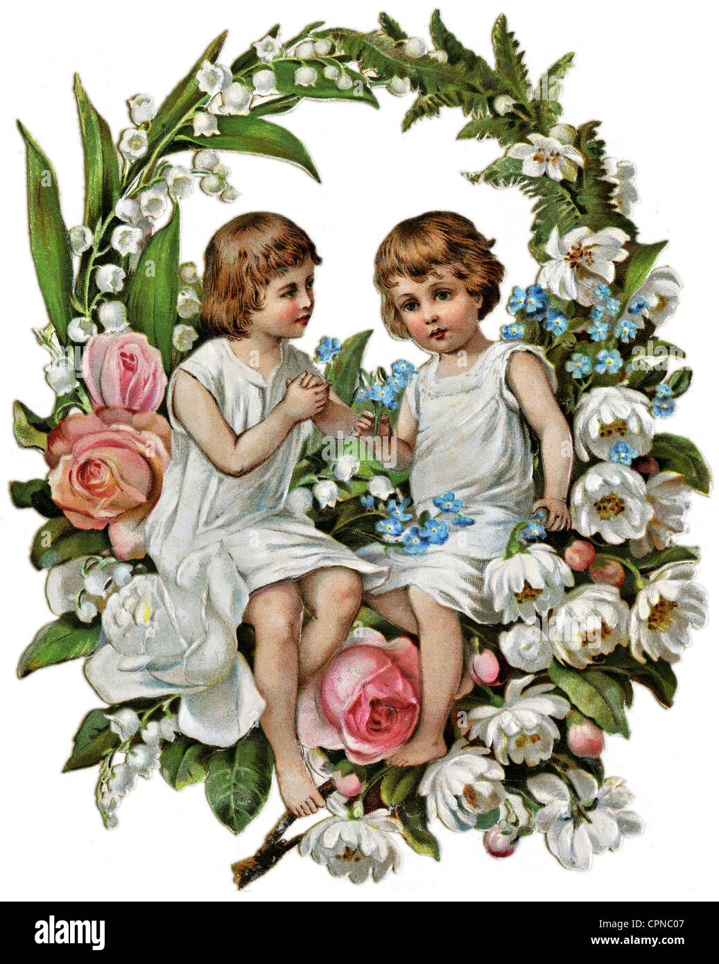 kitsch / souvenir, children in wreath, scrap-picture, Germany, 1893, two, 2, wreath of blossom, frames, frame, framing, flowers, flower, oval, wreath, chaplet, wreaths, chaplets, symbol, symbols, symbolic, symbolical, Mother's Day, congratulations, good wishes, charming, scrap-picture, scraps, chromos, scrap-pictures, scrap picture, scrap pictures, glossy prints, decorative, decoration, decorations, deco, litho, lithograph, lithographing, illustration, clipping, cut out, cut-out, cut-outs, 19th century, historic, historical, people, Additional-Rights-Clearences-Not Available Stock Photo
