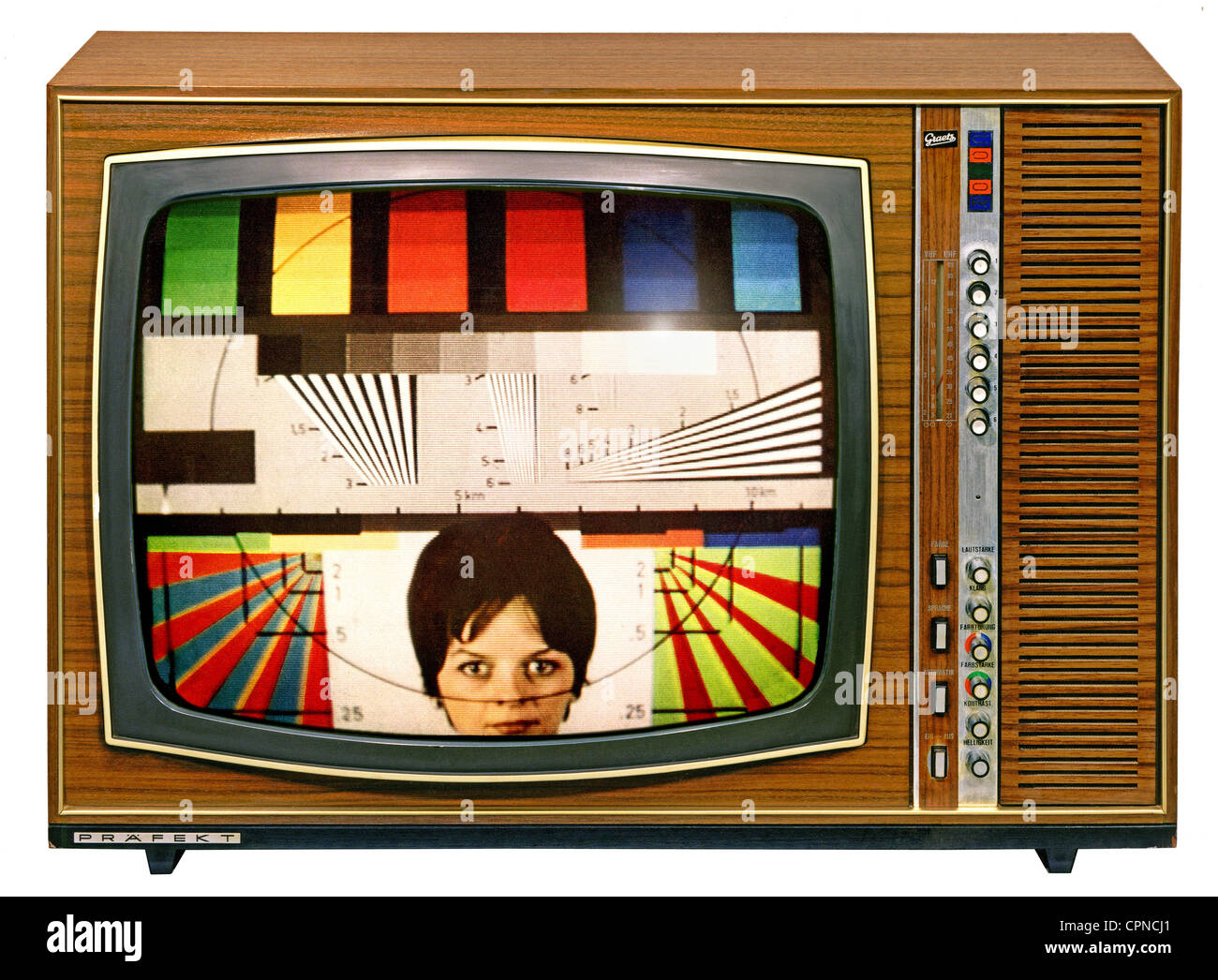 broadcast,television,television set,Graetz Praefekt Color,with TV test pattern from 1967,screen size: 55 centimeter diagonal,assembled with 13 tubes,44 transistors,chassis: exotic woods,walnut tree high-gloss polished,former original price: 2060 DM,Germany,1968,colour test screen,colour TV test screen,colour television test screen,screens,telescreen,TV screen,test screen,tabletop unit,tabletop device,early,German,Germans,colour TV set,color TV set,color television,colour television,TV device,colour,color,television set,TV set,T,Additional-Rights-Clearences-Not Available Stock Photo