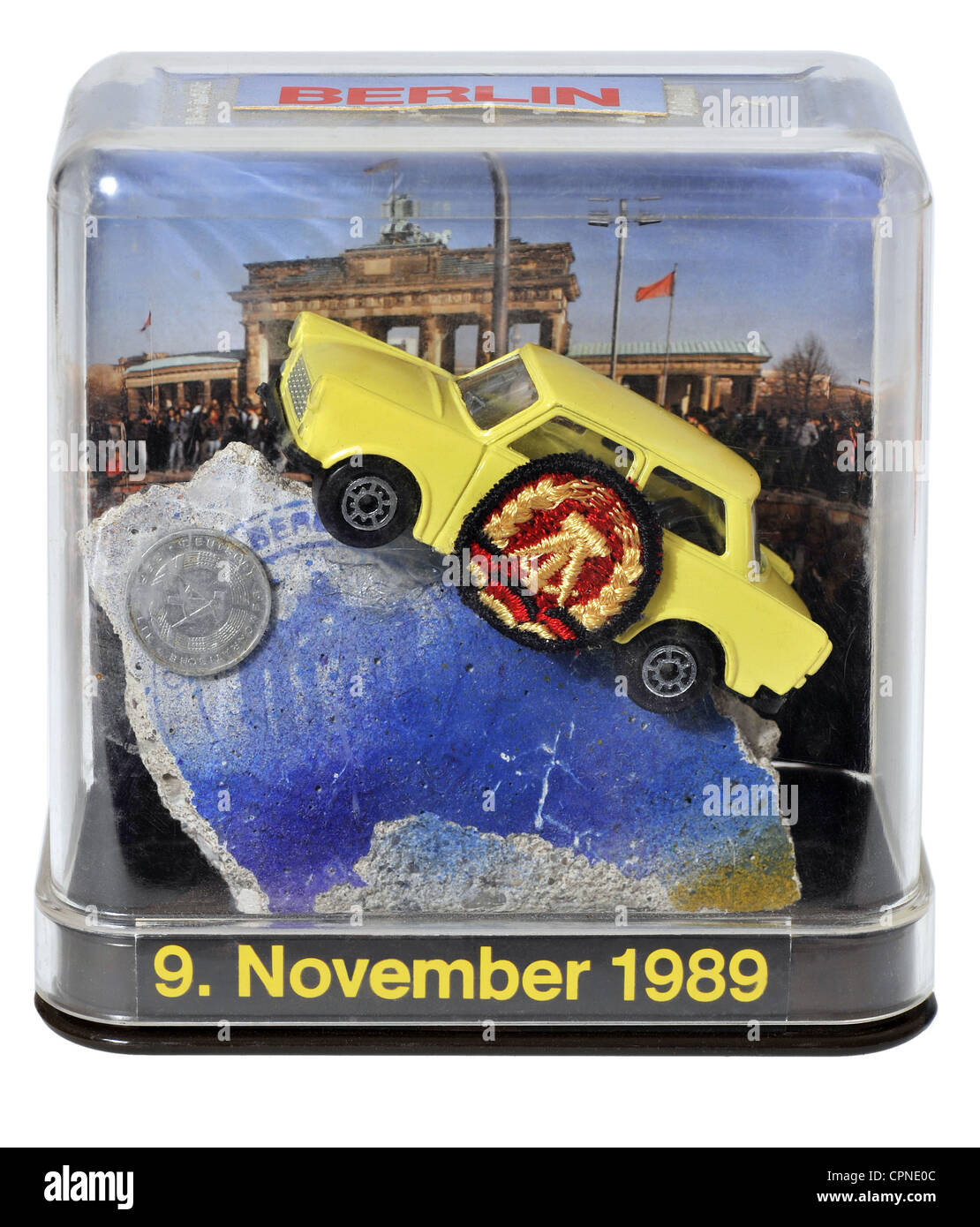 tourism, souvenirs, the fall of the Berlin Wall, '9. November 1989', Trabbi on original piece of the Berlin Wall, Berlin, Germany, 1991, Additional-Rights-Clearences-Not Available Stock Photo