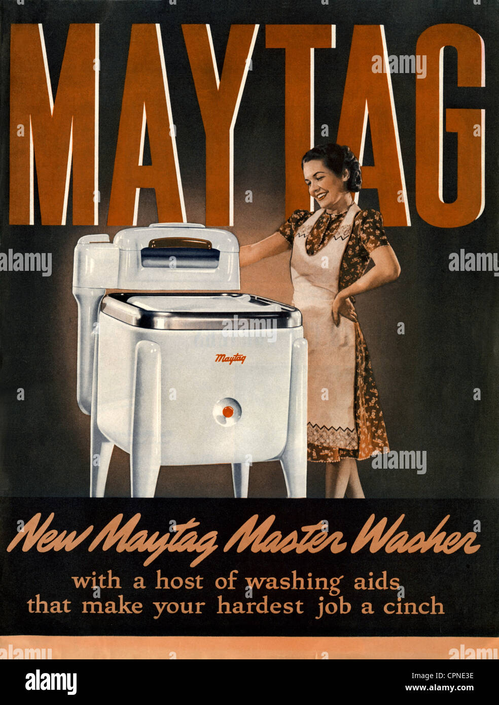 advertising, household, advertising for a new washing machine by Maytag, Master Washer, electrical washing machine with separate wringer on top, magazine advertising, USA, 1938, Additional-Rights-Clearences-Not Available Stock Photo