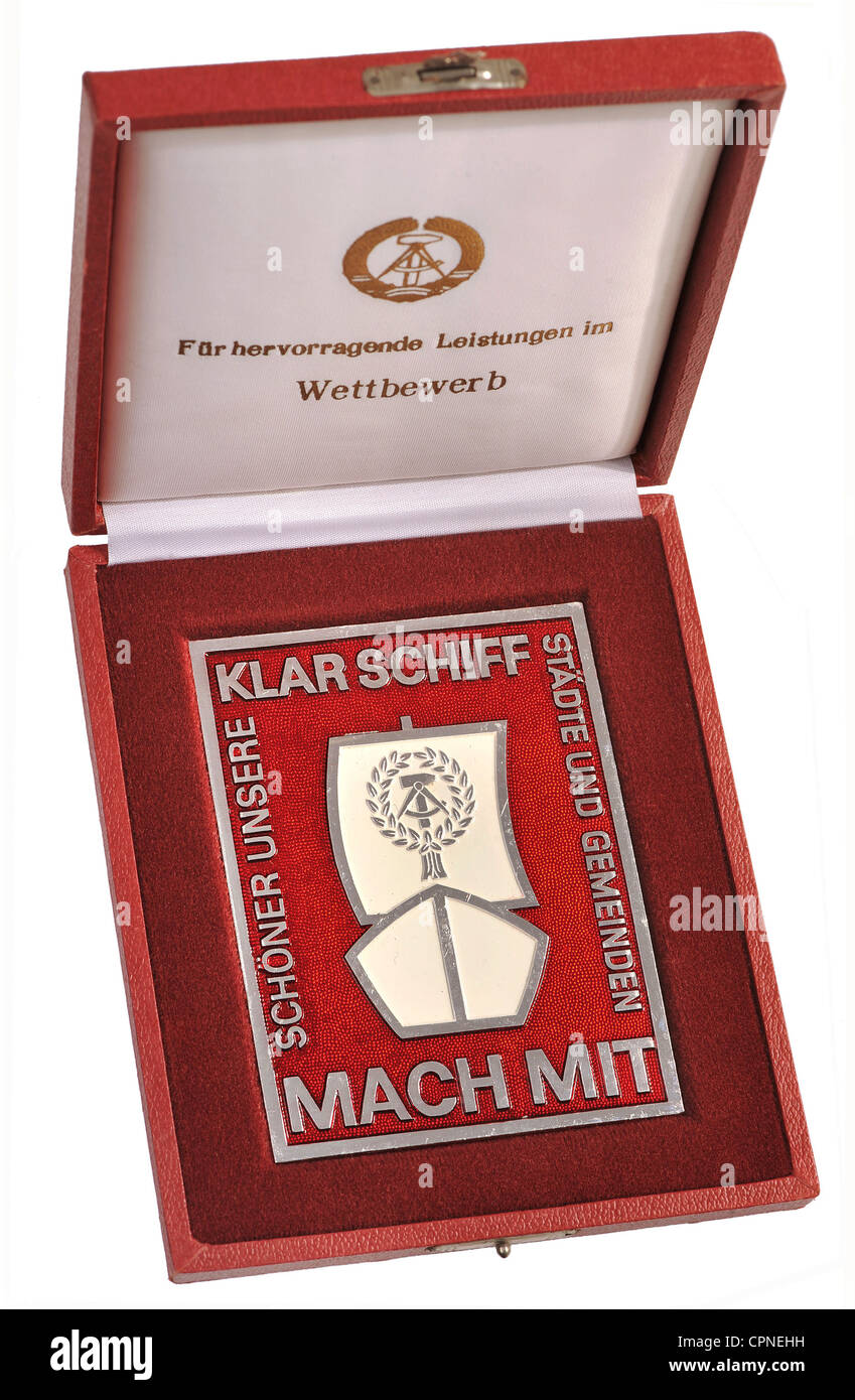 decorations, 'Klar Schiff', 'Mach mit' (Come on), 'Schoener unsere Staedte und Gemeinden', badge of merit, for special accomplishments in contest, case, East-Germany, circa 1980, , Additional-Rights-Clearences-Not Available Stock Photo