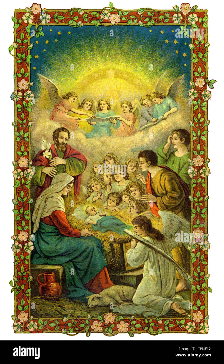 Christmas, religious images, The Nativity, Holy Family, Saint Mary, Joseph, Jesus, lithograph, Germany, circa 1898, Additional-Rights-Clearences-Not Available Stock Photo
