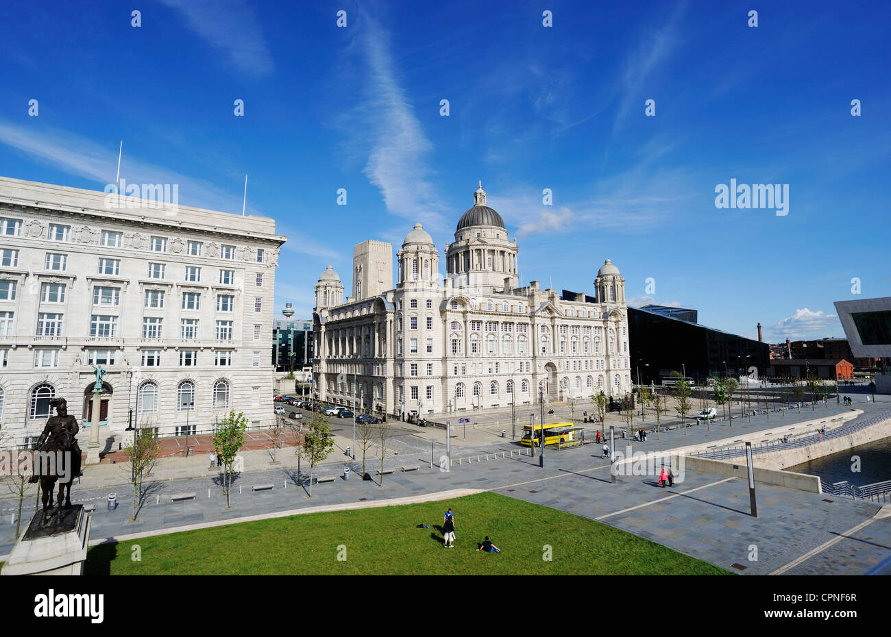 The Cunard Building with statue of Prince Albert and the Port of Liverpool Building at Pier Head, Liverpool. Stock Photo