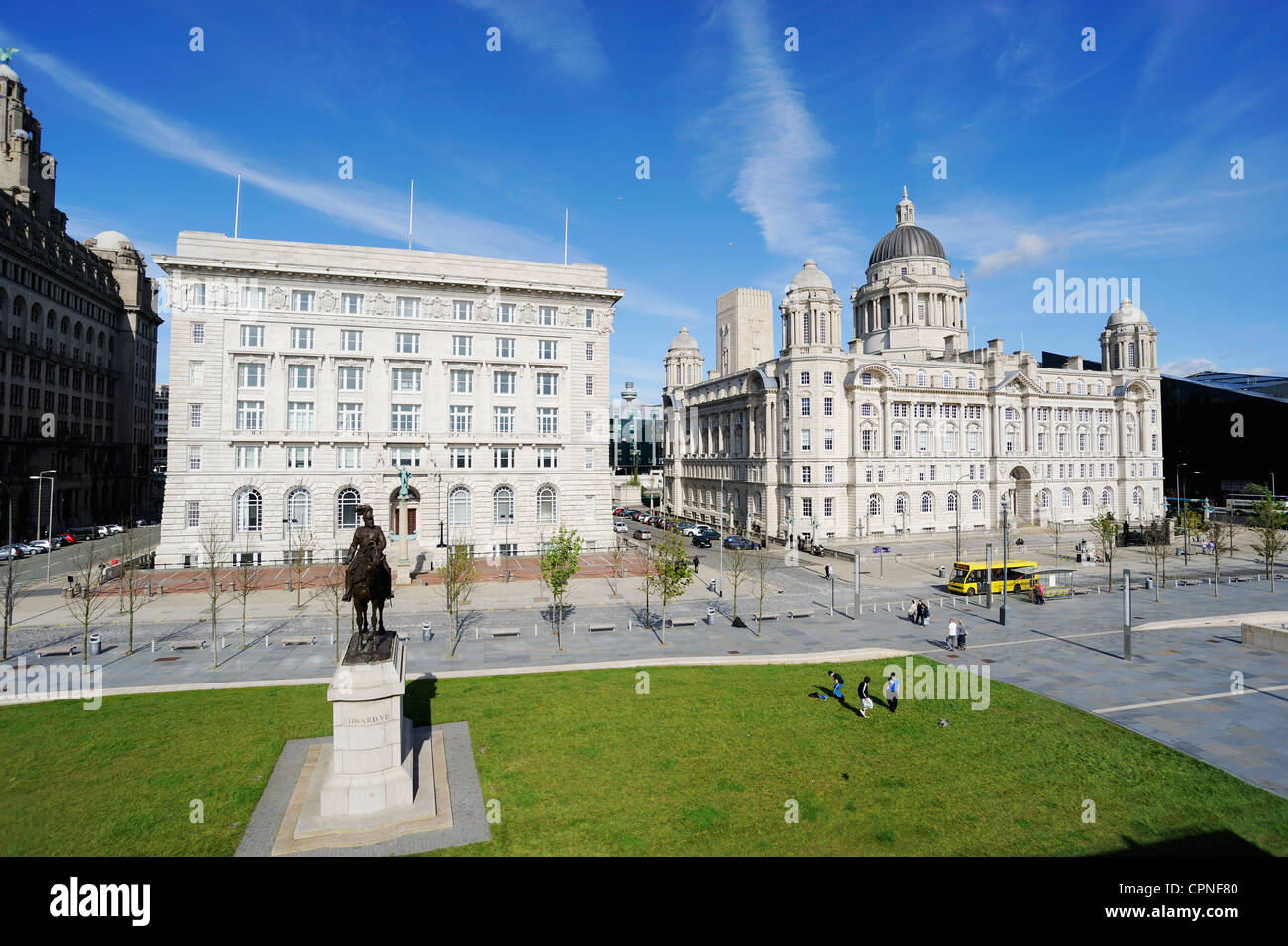The Cunard Building with statue of Prince Albert and the Port of Liverpool Building at Pier Head, Liverpool. Stock Photo