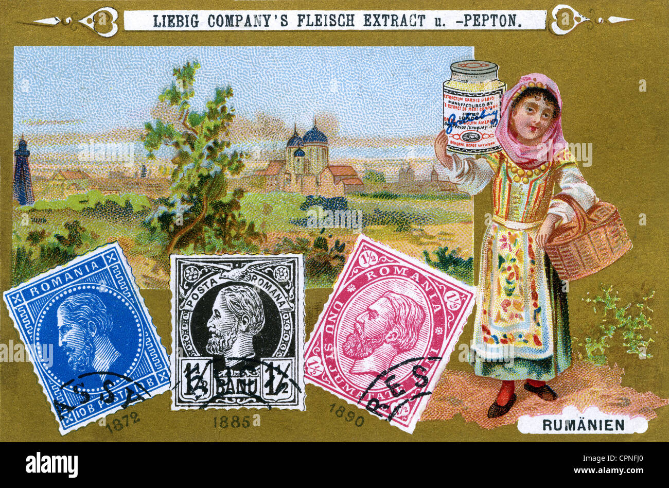 mail, postage stamp, Romanian postage stamp, 1872, 1885, Liebig collecting picture, lithograph, Germany, circa 1898, Romania, Rumania, postage stamp, postage stamps, philately, stamps collecting, decorative, woman, women, Romanian, traditional costume, national costume, dress, traditional costumes, national costumes, dresses, collecting picture, collecting pictures, collector cards, trading card, collectible card, 19th century, mark, postal stamp, postal stamps, mail, post, postal system, historic, historical, people, female, Additional-Rights-Clearences-Not Available Stock Photo
