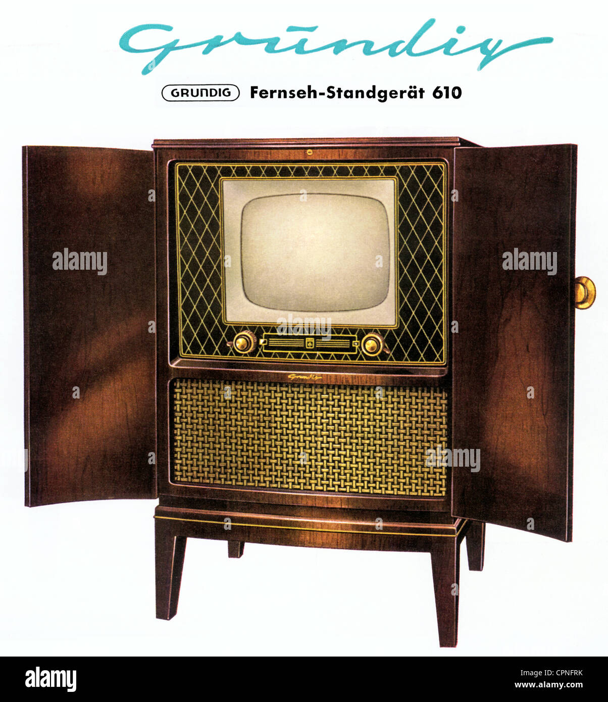 broadcast,television,television set,first Grundig television console,standalone TV device 610,former retail price: DM 1680,chassis: exotic woods,screen diagonal: 42 centimeter,cabinet with closeable doors,Germany,1953,advertising,promotional leaflet,advertising handout,TV history,economic miracle,economic miracles,Made in Germany,clipping,cut out,cut-out,cut-outs,50s,1950s,television furniture,piece of furniture,pieces of furniture,closeable,wooden chassis,wooden case,television set,TV,television sets,TV sets,TVs,TV set,tube ,Additional-Rights-Clearences-Not Available Stock Photo