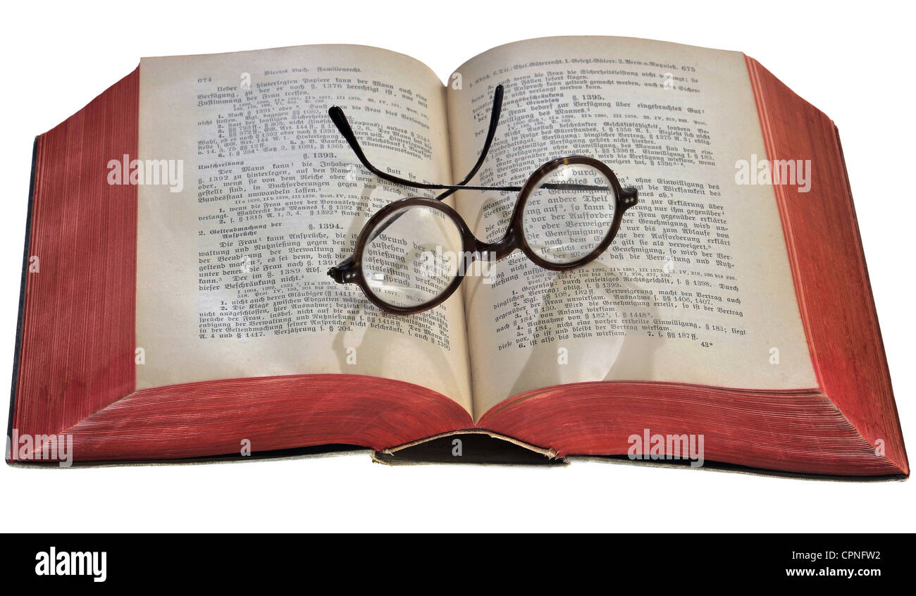 literature,wording of the law from 1896,glasses lying on opened book,Germany,circa 1910,round horn-rimmed glasses,thick,big book,weighty tome,ages,ages,page,symbol,symbols,symbolism,imageries,symbol image,symbolic,symbolical,read,readings,play reading,avid reader,bookworm,avid readers,bookworms,reading break,lecture,lecture hour,reading glasses,diopter,dioptre,hyperopic,hyperopia,visual defect,sight defect,visual defects,browse,studying,general studies course,extracurricular studies,start college,jurisprudence,law stud,Additional-Rights-Clearences-Not Available Stock Photo