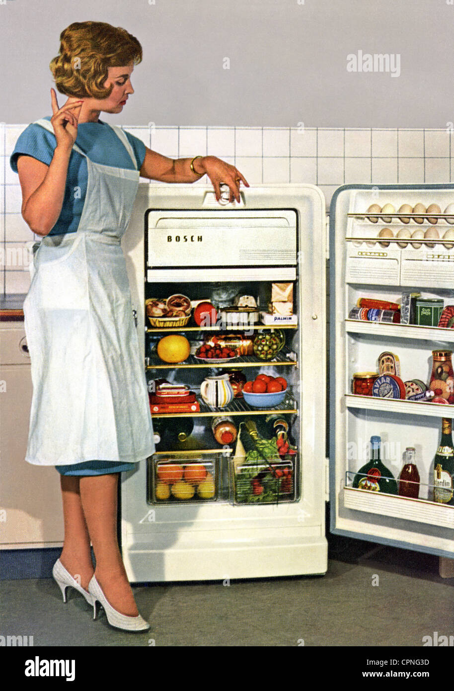 household, housewife at refrigerator, Bosch, advertising for Bosch refrigerator, Germany, 1960, Additional-Rights-Clearences-Not Available Stock Photo