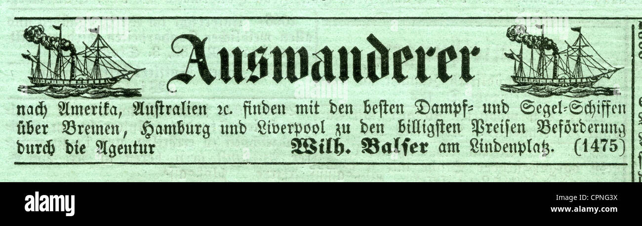 advertising,emigrants,advertisement in the Giessener Anzeiger from 30.05.1874,advertising for the passage to America or Australia via Bremen,Hamburg,Liverpool,Germany,1874,with sailing ships,steamship,steamships,advertisements,advertisement,advert,ad,adverts,ads,enrollment,enrolment,enrolments,ships,emigrant ship,emigrate,emigrating,emigrants,emigrees,emigres,19th century,advertising journal,advertising paper,advertising journals,advertising papers,give-away ad newspaper,migration,emigrations,inner emigration,historic,histor,Additional-Rights-Clearences-Not Available Stock Photo