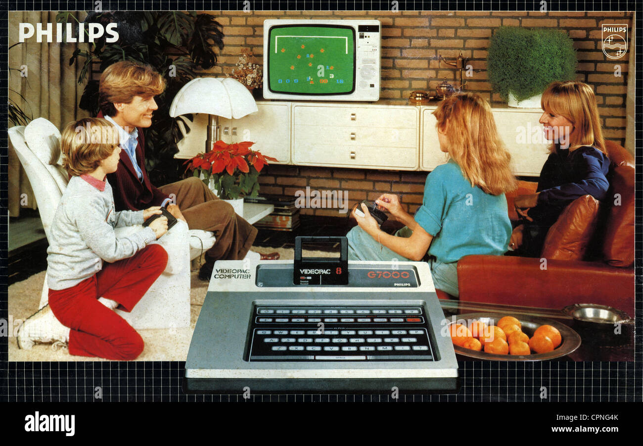 computing / electronics, games console Philips G7000, family during video  game on television set, original price of the video game at that time: 348  Deutschmark, Germany, 1978, joystick, videogames, video games console,