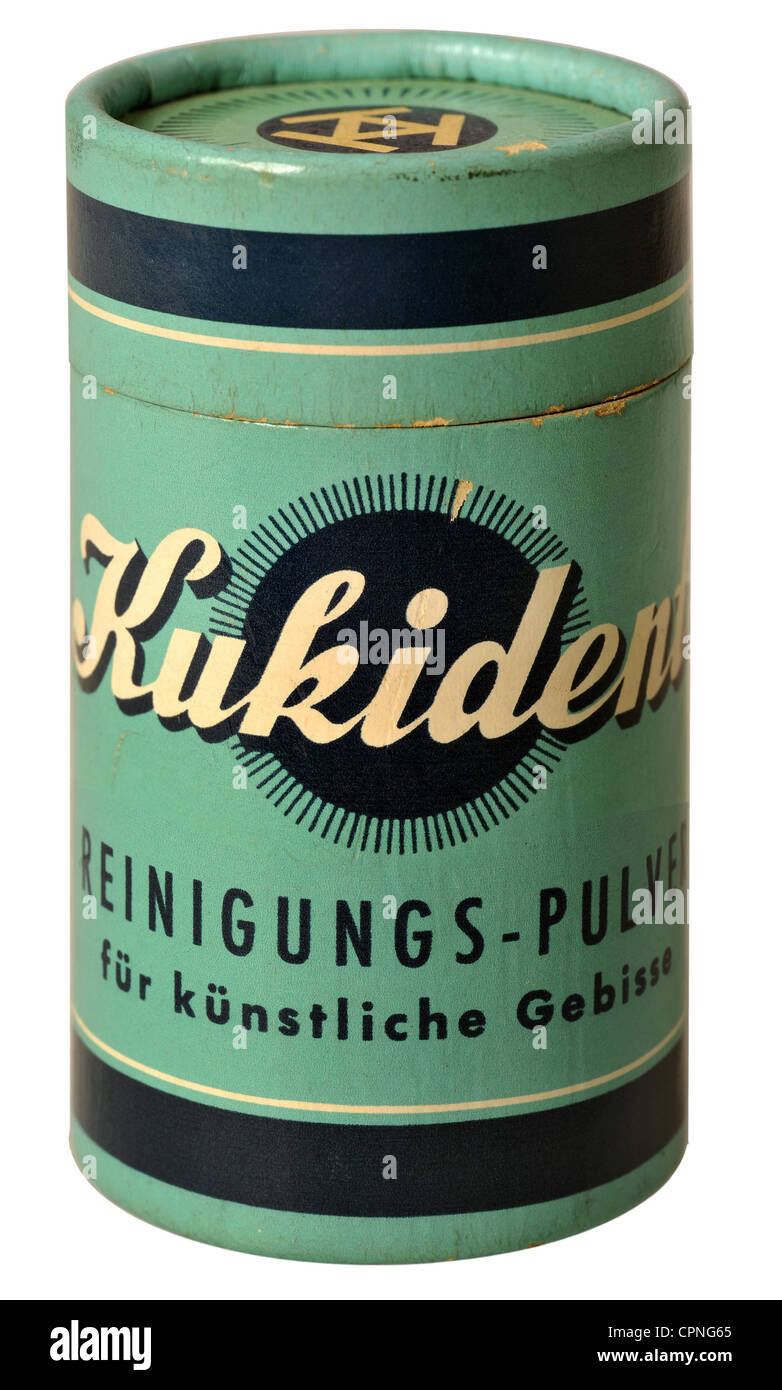 cosmetics, Kukident cleanser, for denture, made by: Kukirol-Fabrik Kurt Krisp KG, Weinheim (Bergstrasse), Germany, circa 1960, Additional-Rights-Clearences-Not Available Stock Photo