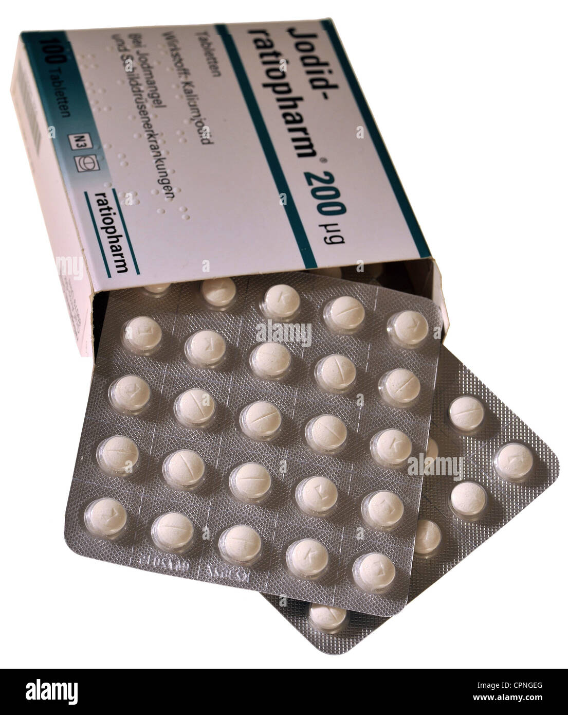 medicine,medicinal drug,iodine tablets,against iodine deficiency and thyroid disorder,Jodid ratiopharm 200,Germany,2011,blister pack,clipping,cut out,cut-out,cut-outs,still,pharmaceuticals,pharmaceutical products,remedies,natural remedy,pharmaceutical,medicinal drug,medicament,medication,pharmacon,pharmacons,troche,iodine,worst case scenario,maximum credible accident,MCA,atomic age,packet,pack,packing,packings,pill,tablet,pills,tablets,product,products,historic,historical,radioactivity,level of contamination,radioactiv,Additional-Rights-Clearences-Not Available Stock Photo
