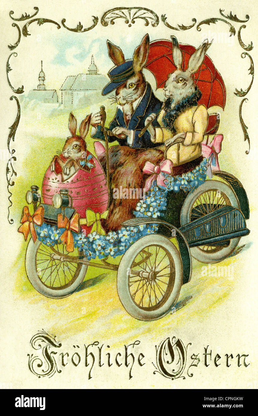 Easter, 'Happy Easter', Easter card, Easter Bunny family making an excursion, Germany, 1907, Additional-Rights-Clearences-Not Available Stock Photo