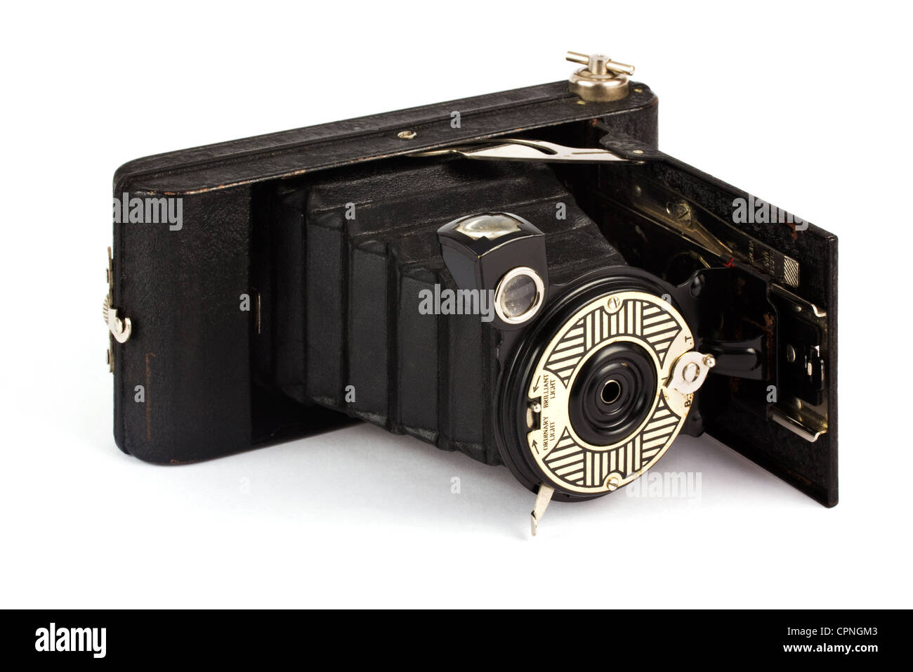 Antique fold away camera on a white background Stock Photo