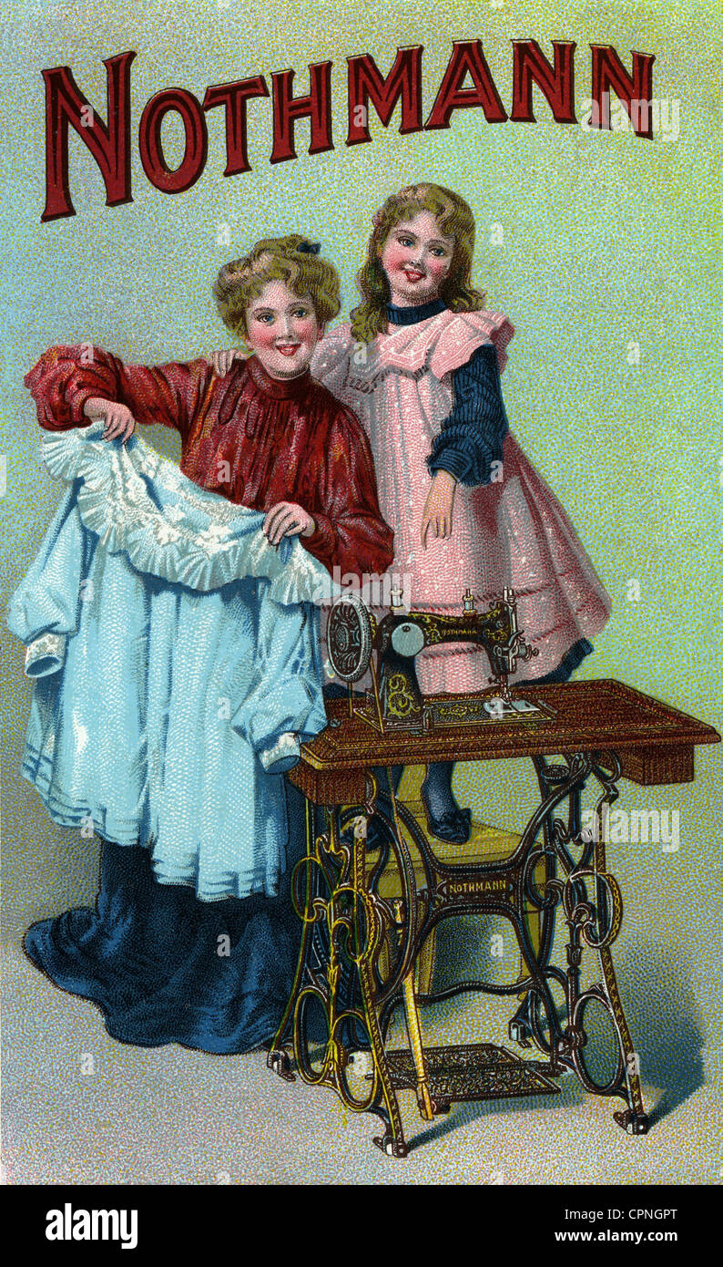 advertising, sewing machine Nothmann, historic advertising postcard, housewife with girl, Germany, circa 1900, Additional-Rights-Clearences-Not Available Stock Photo