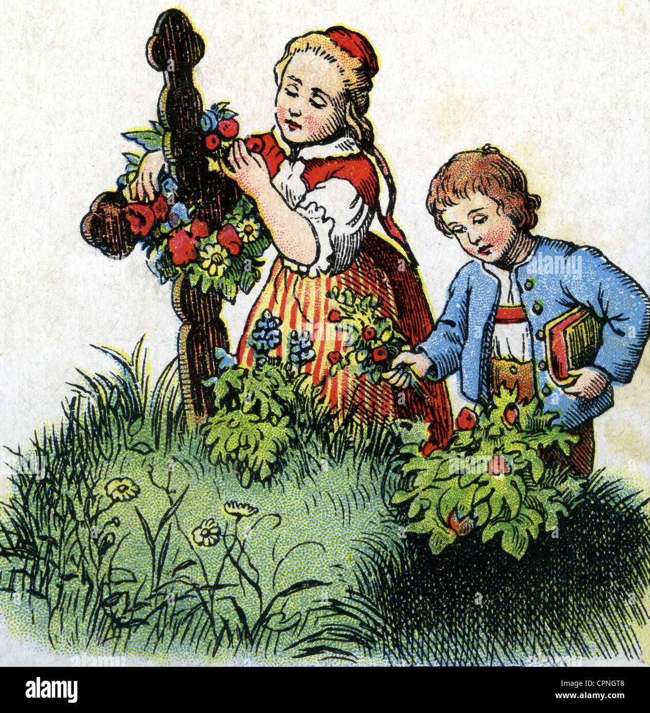 death, children decorating grave with flowers, Germany, circa 1860, Additional-Rights-Clearences-Not Available Stock Photo
