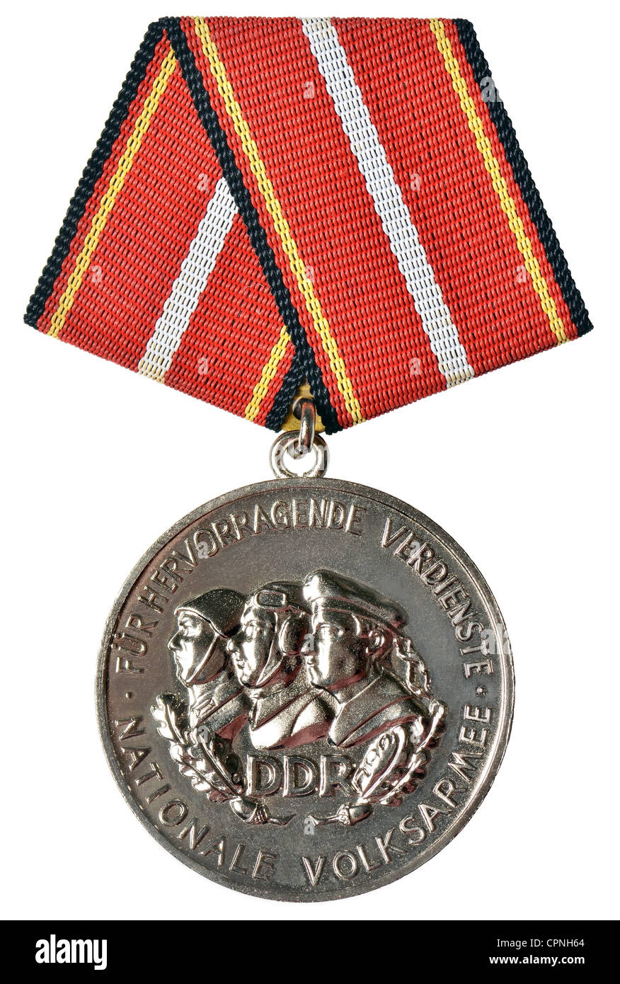 medals and badges,medal for merit of the national people's army,rank silver,founded 1956,was awarded for eminent merit and personal operational readiness during of the increase of the combat strength and readiness for action of the national people's army,portraying soldiers of the three armed service,East-Germany,circa 1965,medal at band,decoration,decorations,silvering,ground forces,land forces,naval forces,air force,military,National People's Army,army,armies,still,clipping,cut out,cut-out,cut-outs,1960s,60s,armed forces,Medal for ,Additional-Rights-Clearences-Not Available Stock Photo