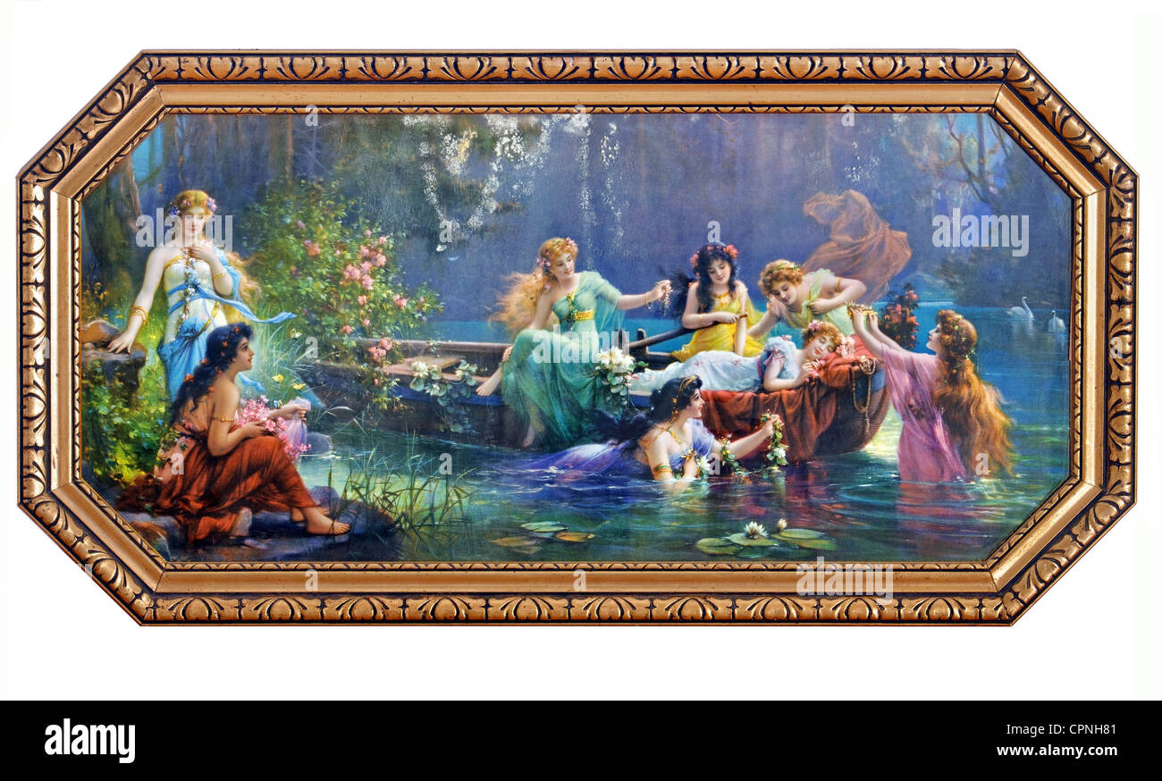 kitsch / souvenir, painting, nymphs at a forest lake, decorating sleeping  nymph with flowers, Germany, circa 1925, Additional-Rights-Clearences-Not  Available Stock Photo - Alamy