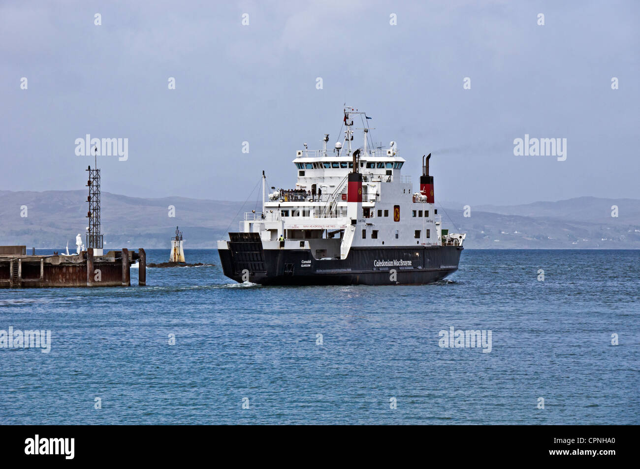 Caledonian MacBrayne car ferry Coruisk is leaving Mallaig in Scotland