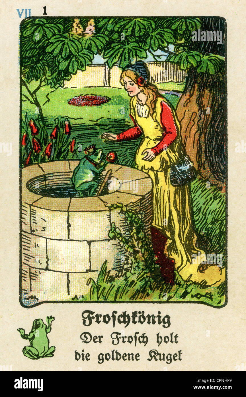 literature, fairytale, Grimms' Fairy Tales, 'The Frog Prince', card of a fairy tale quartett, the frog fetching the golden ball out of the well, Germany, circa 1926, Additional-Rights-Clearences-Not Available Stock Photo