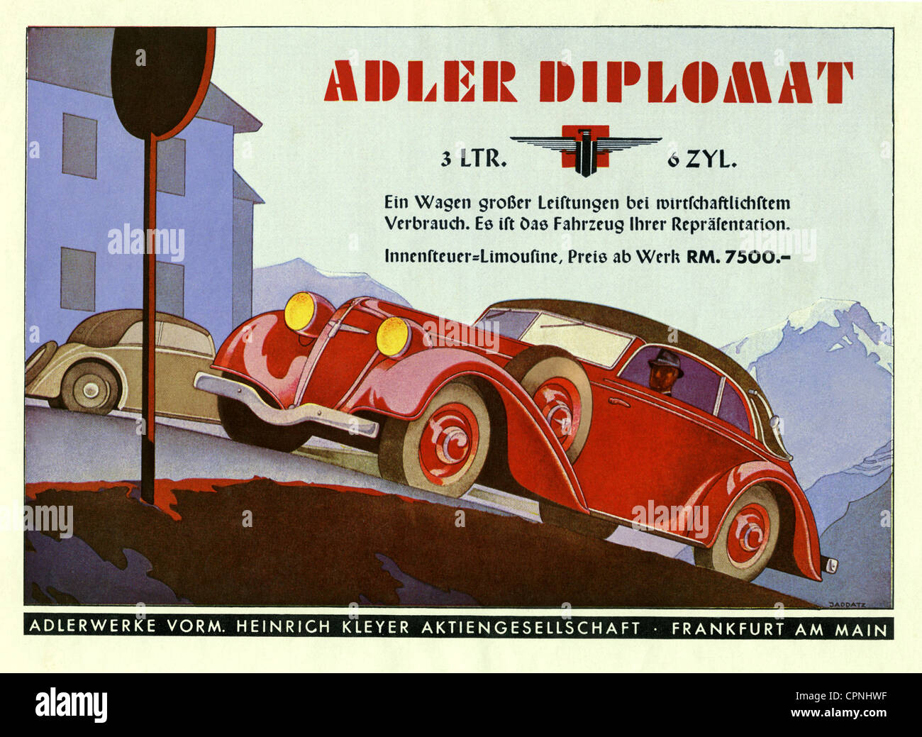advertising,transport / transportation,cars,Adler Diplomat,3 litre,2916 cubic centimetre cylinder capacity,6 cylinder,60 horsepower,maximum speed 100 km per hours,limousine,original price: 7500 reichsmark,Adler factories was found by Heinrich Kleyer as bicycle factory in 1880,magazine advertising,Germany,1934,luxurious car,luxury car,luxurious cars,luxury cars,car advertising,car maker,aumaker,car makers,aumakers,motor car,auto,automobile,passenger car,motorcar,motorcars,autos,automobiles,passenger cars,German,Germans,Made in ,Additional-Rights-Clearences-Not Available Stock Photo