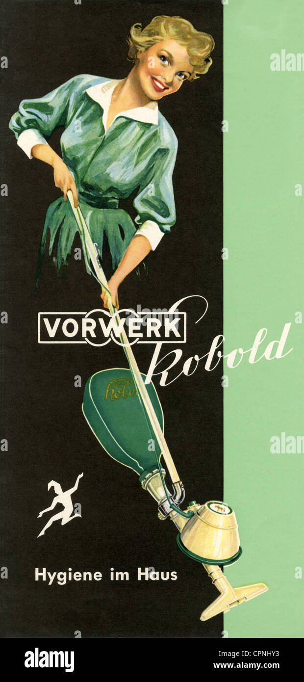 advertising, household, housewife with vacuum cleaner Vorwerk Kobold, advertising slogan: 'Hygiene im Haus' (hygiene at home), Germany, 1956, Additional-Rights-Clearences-Not Available Stock Photo