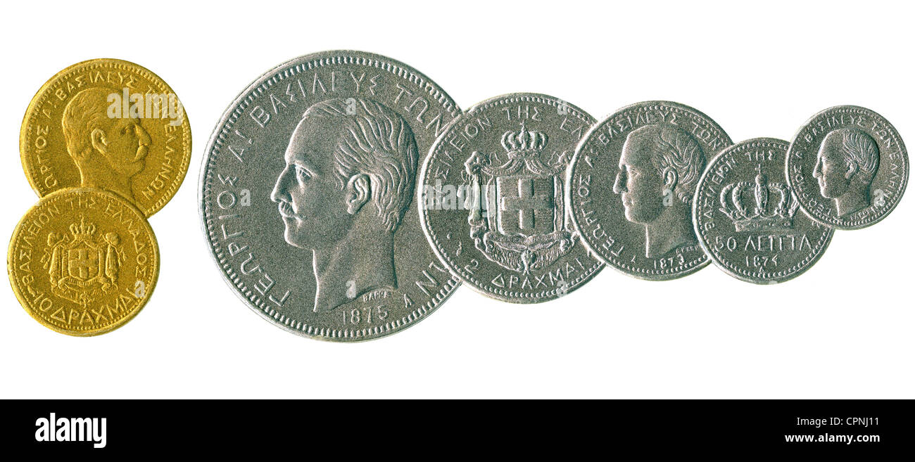 money / finances, coins, Greek coins, from 20 Lepta,  (right) up to 10 and 20 drachma, gold coin,  (left), one drachma is equal to 100 Lepta, illustrated: King George I,  (Greek King 1863 - 1913), contemporary embossing on paper, Greece, 1874, 1875, Additional-Rights-Clearences-Not Available Stock Photo