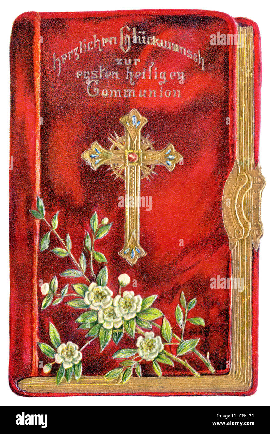 religion, cordially good wishes to the first holy Communion, prayer book, lithograph, Germany, circa 1910, Additional-Rights-Clearences-Not Available Stock Photo