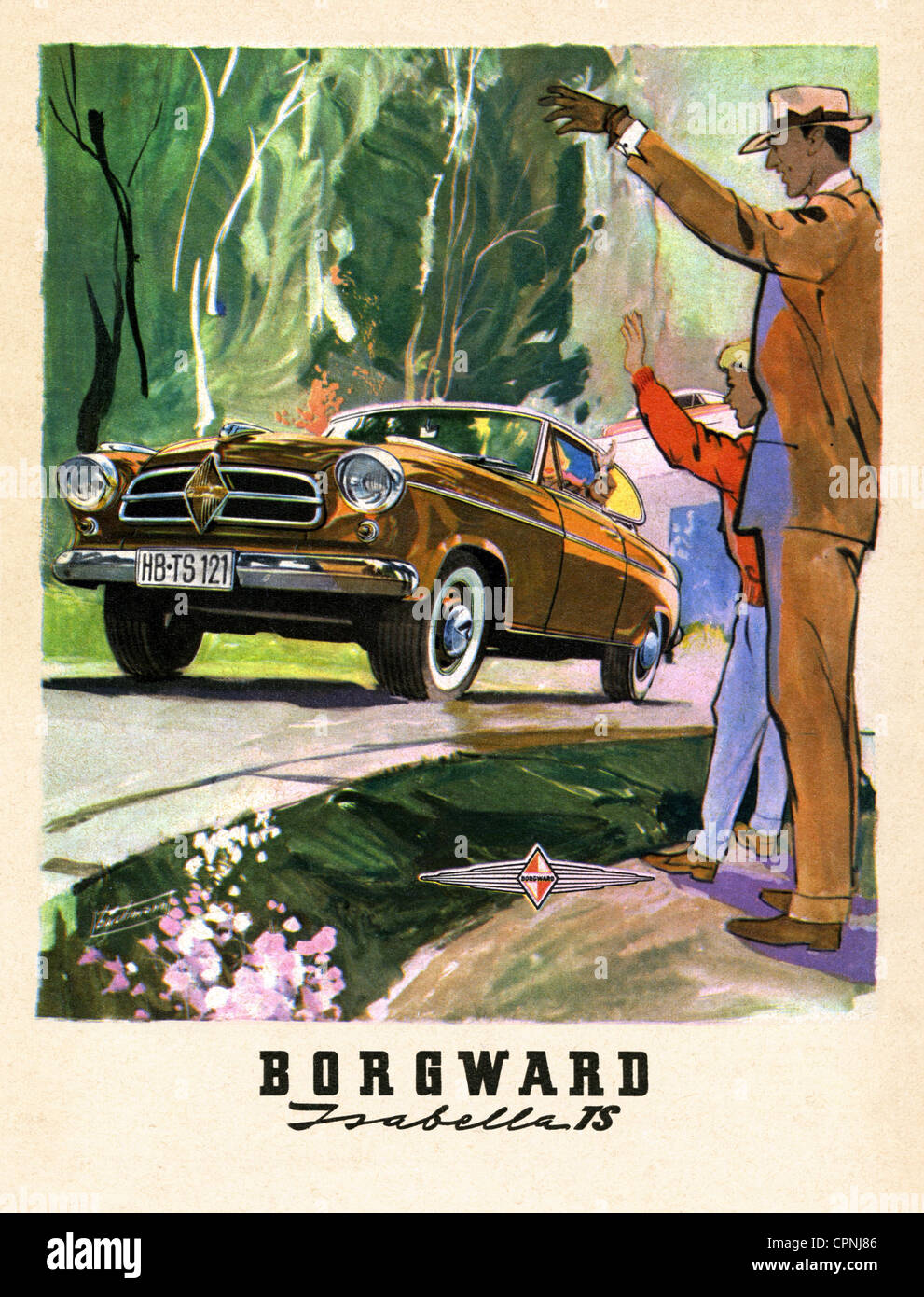 advertising, transport / transportation, Borgward Isabella TS, made by: Carl F. W. Borgward GmbH, automobile and engine works Bremen, limousine, engine: 75 horsepower, 4 cylinder, cylinder capacity: 1493 cubic centimetre, top speed: 150 kph, speedup from 0 on 100 kph in 18.5 sec., fuel consumption, 2l/100 km, Germany, 1959, Additional-Rights-Clearences-Not Available Stock Photo