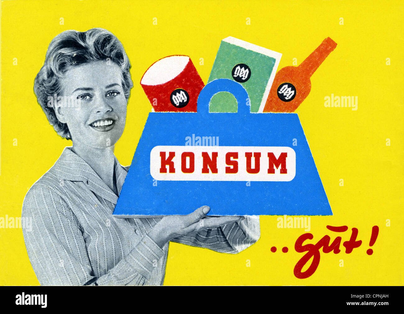 advertising, cooperative store promotional leaflet, consumer co-operative society, woman with Konsum bag and GEG products, Germany, 1956, Additional-Rights-Clearences-Not Available Stock Photo