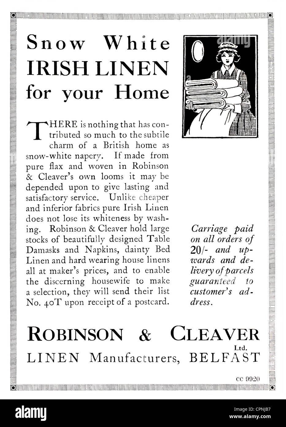 1920s "Homes & Gardens" magazine advertisement for "Irish White Linen" - UK. Stock Photo