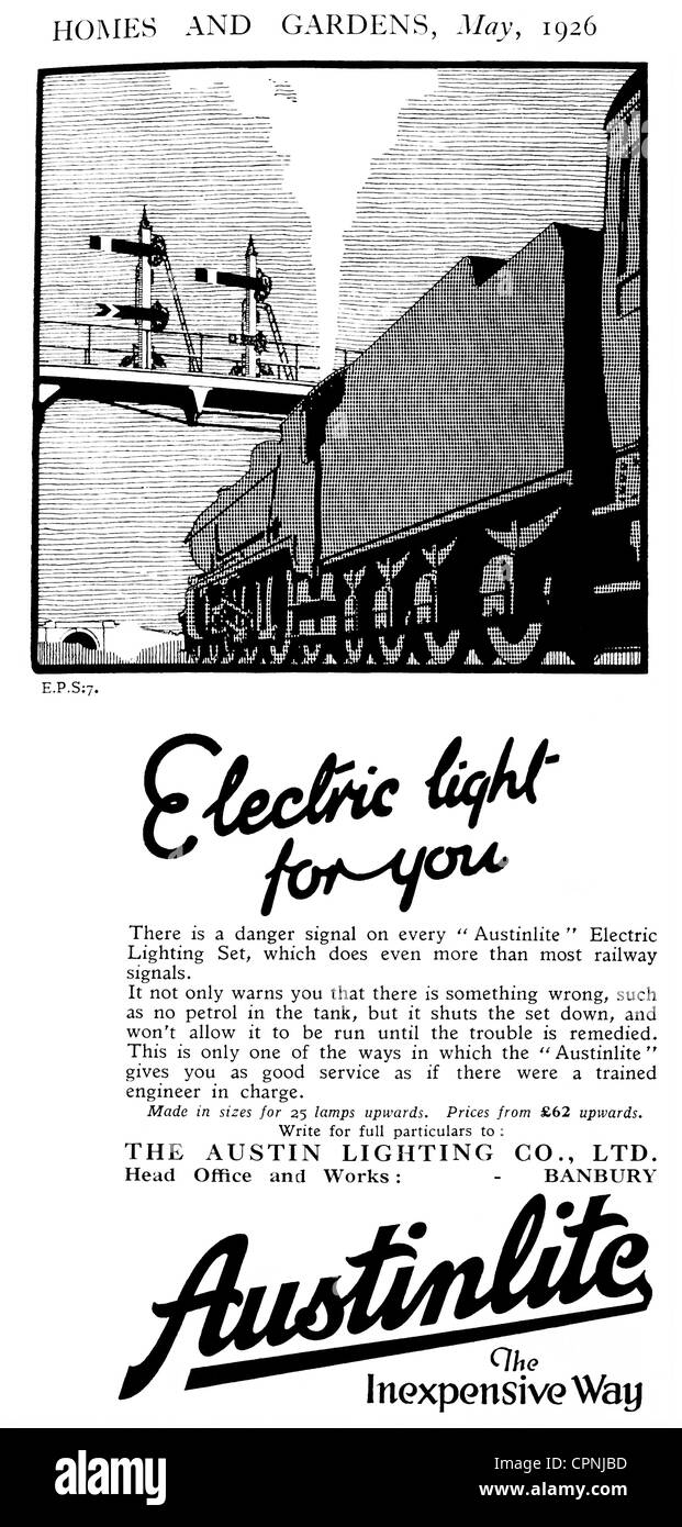 1920s 'Homes & Gardens' magazine advertisement for 'Austinlight' - UK. Stock Photo