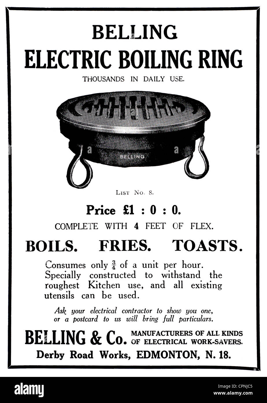 1920s 'Homes & Gardens' magazine advertisement for 'Belling Electric Boiling Ring' - UK. Stock Photo