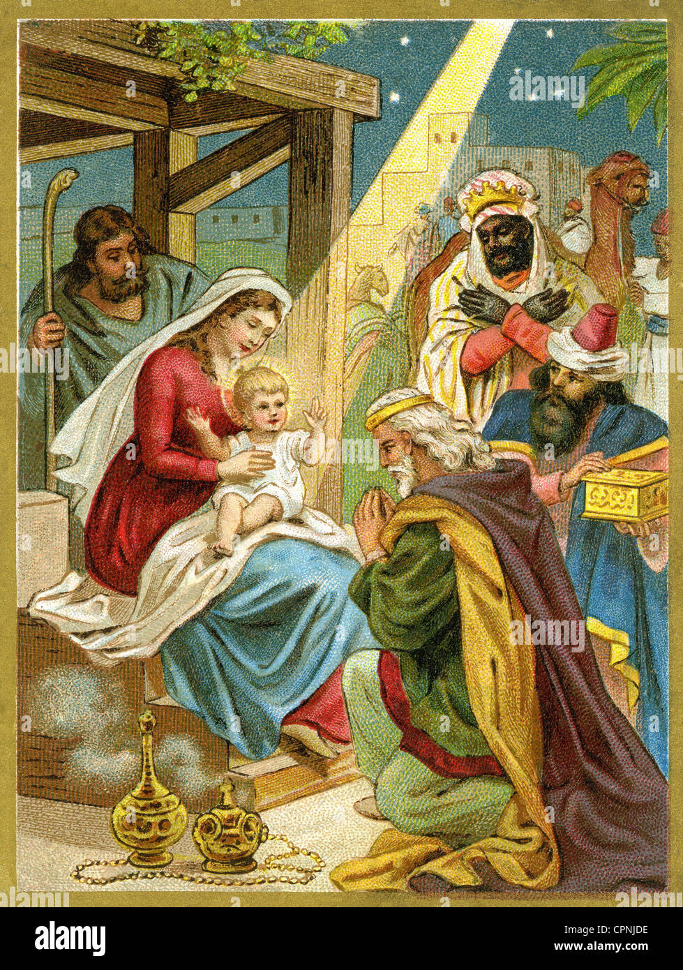 Christmas, Three Kings, the wise man from the Orient, bringing gift: gold, incense, myrrh, lithograph, Germany, circa 1898, Additional-Rights-Clearences-Not Available Stock Photo