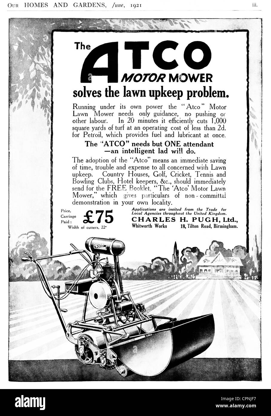 1920s 'Homes & Gardens' magazine advertisement for 'Atco Motor Mower' - UK. Stock Photo