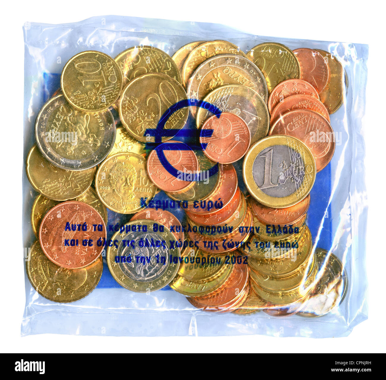 money / finances,coins,Greece,Euro Starterkit Greece,starter kit launched by the banks in the December 2001,January 2002 emitted for 5000 drachma to private customers,2002,euro coins,cents,euros,in the nominal value of 14.67 euro,cent coin,currency conversion,currency exchange,Greek,Grecian,symbol,symbols,symbol image,symbolism,imageries,symbolic,symbolical,euro launch,launch,start,Eurostar,euro price,member,members,euro zone,euro crisis,economic crisis,economic crunch,economic crises,economic crunches,cash,European,Europe,,Additional-Rights-Clearences-Not Available Stock Photo