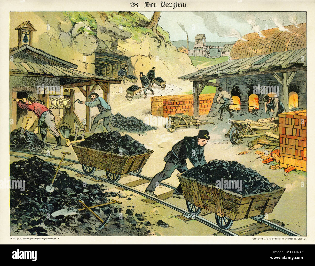 mining, coal mining, illustrated chart for children, images for the object-lesson, mine worker during the work, coloured wood engraving, Germany, circa 1885, Additional-Rights-Clearences-Not Available Stock Photo
